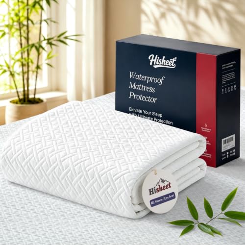Hisheet Waterproof Bamboo Mattress Protector Queen Size, 320G Ultra-Thick Noiseless Cooling Mattress Cover Fits 6-22' Deep Pocket - ASTM Certified Breathable for Hot Sleepers, Heavy Duty Elastic Skirt