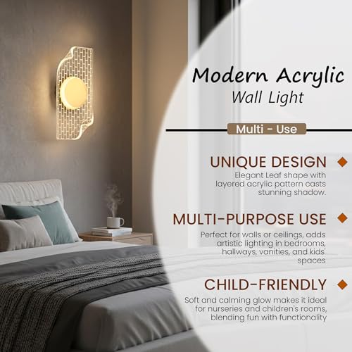 Image of Groeien 15watt LED Sconce Brick Tile Pattern Modern Transparent Indoor Home Acrylic Wall Lamp for Bedroom, Livingroom, Indoor- Warm White (Brick-wall, 1)