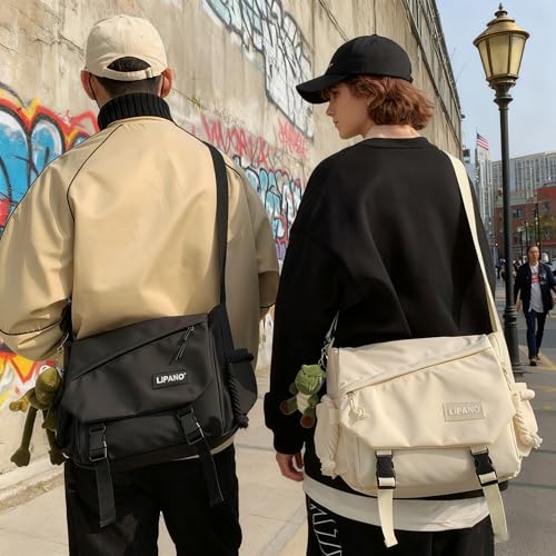 Image of Aesthetic Crossbody Bag with Cute Pins and Ornament, Nylon Shoulder Messenger Bag Japanese Kawaii Bag for Women Men