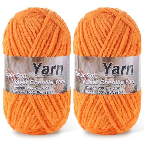 Image of 2 * 200g /7oz Chunky Chenille Yarn for Baby Blanket Yarn for Crocheting - Super Soft Chenille Plush Yarn - Bulk Thick Yarns Used for Making Scarves, Blankets, DIY Craft (Orange)