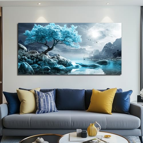 KELIYUAN Canvas Wall Art For Living Room Large Wall Decor For Bedroom Blue Tree Landscape Painting Black And White Wall Pictures Artwork Office Works Frame Canvas Art Modern Home Decoration 24x48in