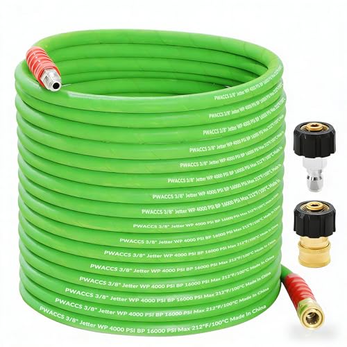 PWACCS Pressure Washer Hose 50 FT 3/8 Kink Resistant Power Washer Hose Steel Braided Quick Connect with M22 14 Fittings for Cold/Hot Water 4000 PSI