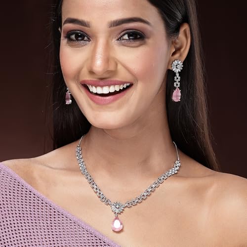 Image of ZENEME Rhodium Plated Brass Silver Toned Luxurious Sparkle Pink Necklace & Earring Jewellery Set For Women & Girls