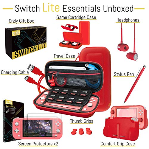 Image of Orzly Switch Lite Accessories Bundle - Case & Screen Protector for Nintendo Switch Lite Console, USB Cable, Games Holder, Comfort Grip Case, Headphones, Thumb-Grip Pack & More - Red