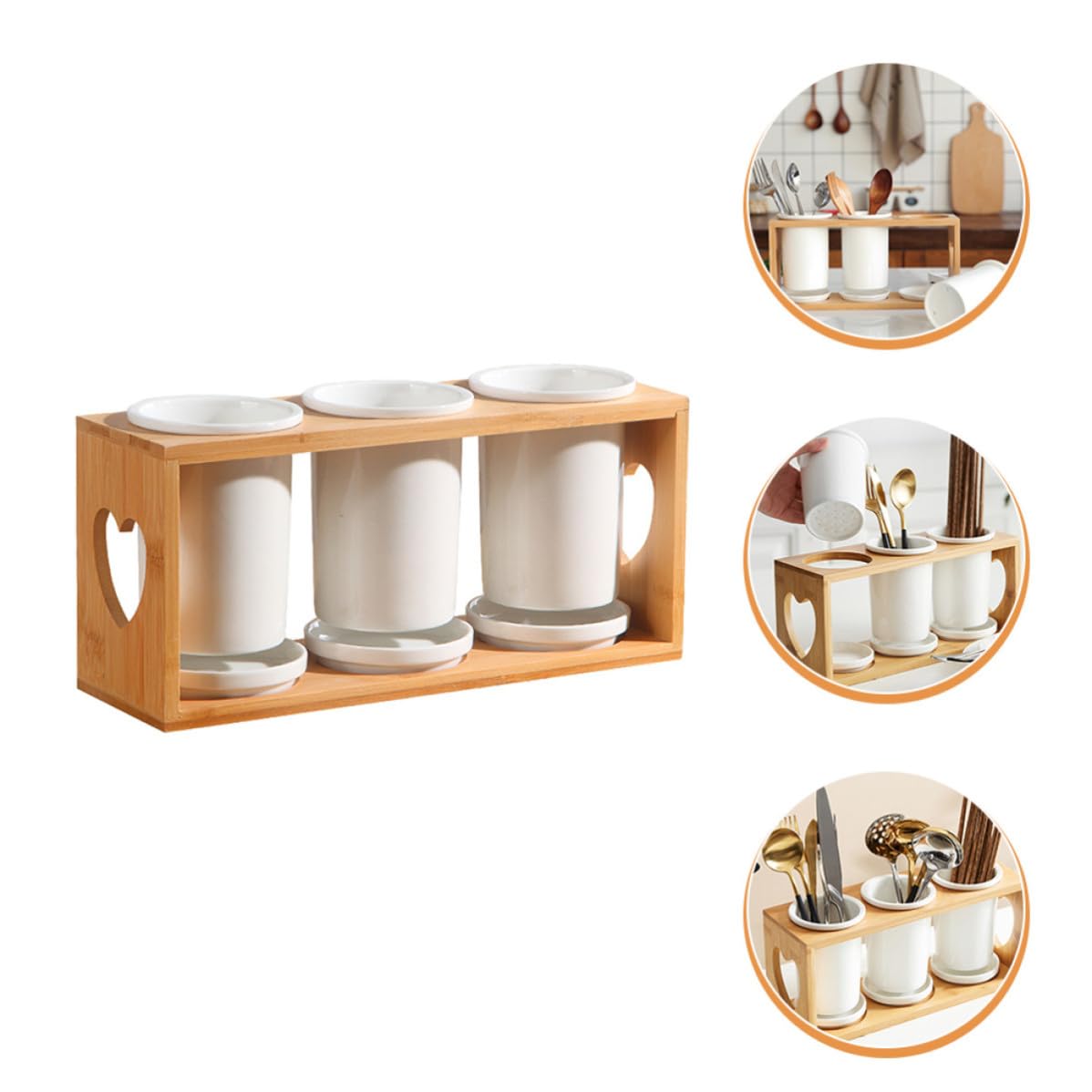 HEMOTON Organisateur de Couverts Design Délicat et Fonctionnel en Céramique Support en Bois, 3 Compartiments Égouttoir, Résistant Cuisine