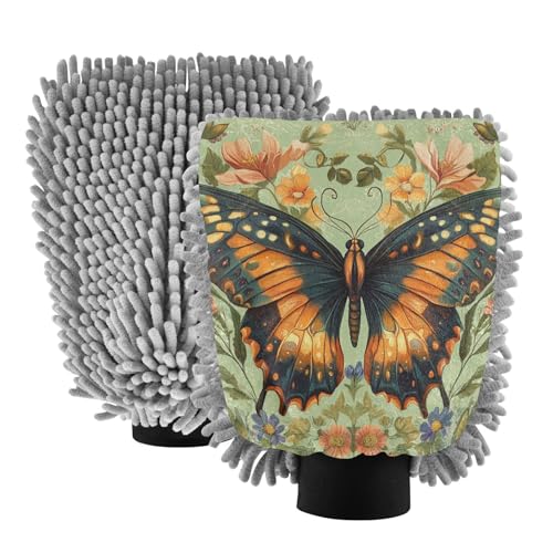 Hezely Butterfly Flowers Car Wash Mitt, 2PK Scratch Free Lint-Free for Car Washing and Detailing