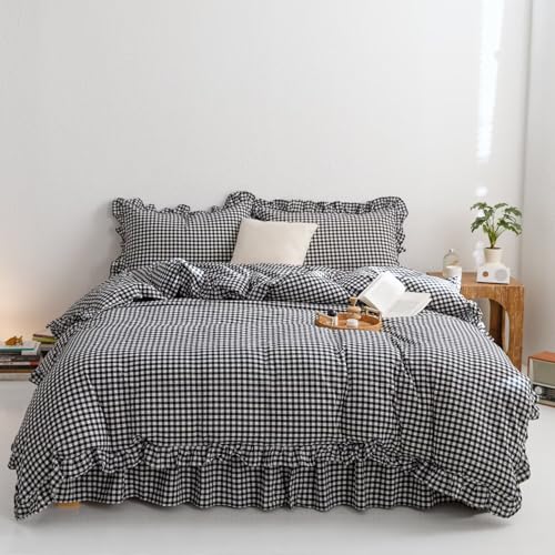 Image of mixinni Black White Gingham Ruffle Duvet Cover Queen Size 3 Pieces - 100% Washed Cotton, Vintage Plaid Ruffled Bedding Set with Zipper Ties, Soft Checkered Grid Farmhouse Chic Comforter Cover Set