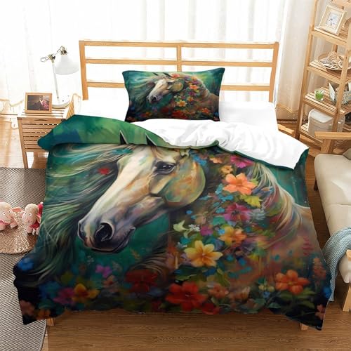 Housse de couette imprimé animal fleurs et chevaux avec fermeture éclair