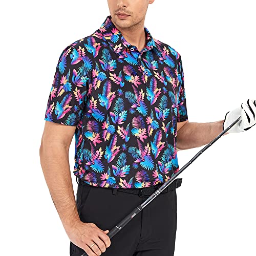 Esabel.c Golf Shirts For Men Short Sleeve Print Performance Moisture Wicking Polo Shirt,Black,L #TOP4