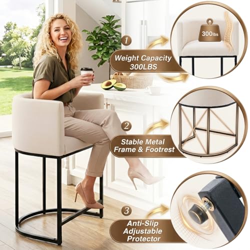 Image of HNY Cream Modern Barrel Counter Height Clearance Bar Stools Set of 3, 32 Inch Linen Kitchen Barstools with Back for Island, with Black Metal Tubular Frame