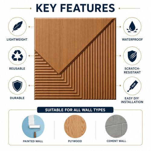 Image of Kayra Decor 3D PVC Wall Panels for Bedroom & Living Room | Plaina Design | Metallic Wood Color | 19.7 x 19.7 Inch | Pack of 40 | 107.6 Sq Ft