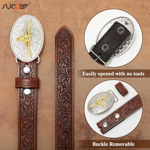 SUOSDEY Kids Western Belt for Boys Girls,Toddler Youth Cowboy Cowgirl Genuine Leather Belt with Longhorn Bull Buckle4