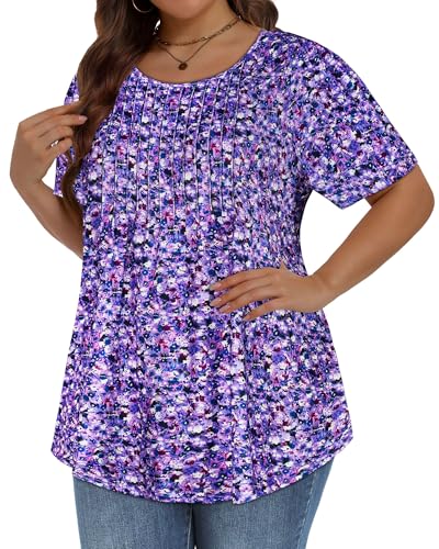 Image of Plus Size Tops for Women Pleated Summer Top Trendy Short Sleeve Shirts Casual Basic Tee Crew Neck Blouses 2026