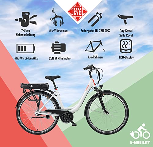 TELEFUNKEN E-Bike Damen 28 Zoll, Elektrofahrrad Alu mit 7-Gang Nabenschaltung - Pedelec Citybike mit Fahrradschloss, Mittelmotor 250W & 13Ah / 36V Lithium-Ionen-Akku, RC890 Multitalent