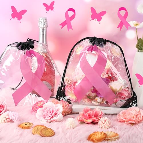 24 Pcs Breast Cancer Awareness Drawstring Backpack Pink Ribbon Clear Drawstring Bags Breast Cancer Awareness Items Bulk Hope Pink Backpack for Women Charity Events Party Gifts(Black)4