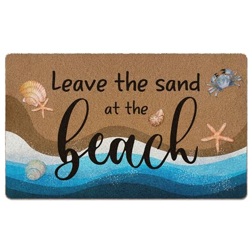 XLDLIOO Beach Ocean Coastal Summer Door Mat,Leave The Sand at The Beach Welcome Front Door Mat Indoor Outdoor Entrance,Rustic Seashell Artificial Coir Doormat Rugs for Entry Beachy House Decor 30x17in