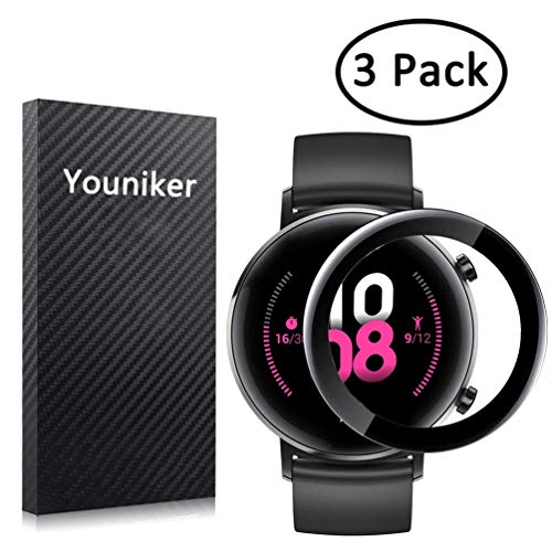 Youniker - Juego de 3 Protectores de Pantalla para Huawei Watch GT2 de 42 mm para Huawei Watch GT 2 42 mm Smartwatch Protectores de Pantalla 3D de Cobertura Total, antiarañazos y sin Burbujas