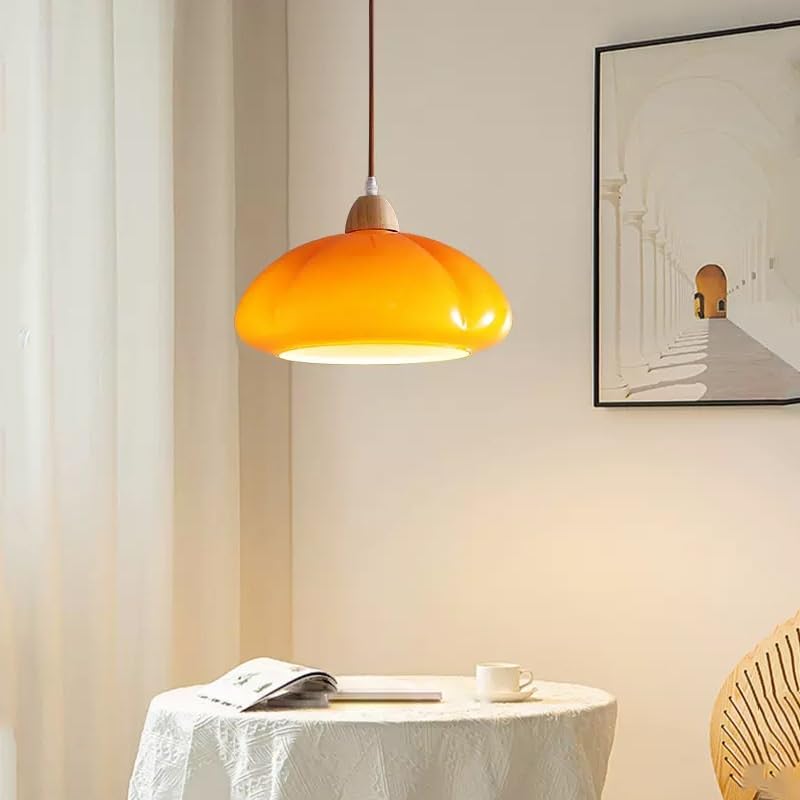 Mid Century Wood Pendant Light Fixtures, Modern Orange Glass Shade