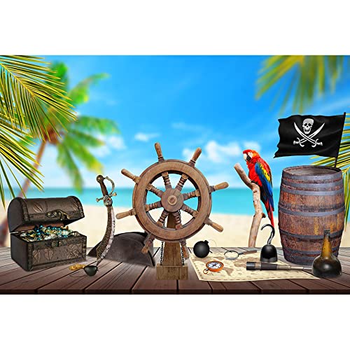 Aoihrraan 1,5 x 1 m Barco pirata pano de fundo barco leme Deck de madeira caixa de jóias mapa do tesouro praia fotografia náutica fundo festa temática pirata Baby Shower crianças meninos retrato foto props