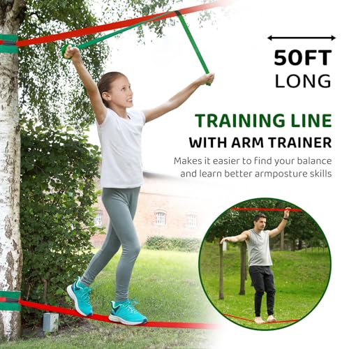 Ninja Warrior Obstacle Course for Kids Backyard - 2×50ft Slackline Kit with 10 Most Complete Accessories for Boys & Girls, Swing, Rope Ladder, Gymnastic Ring, Climbing Net, Arm Trainer and Monkey Fist