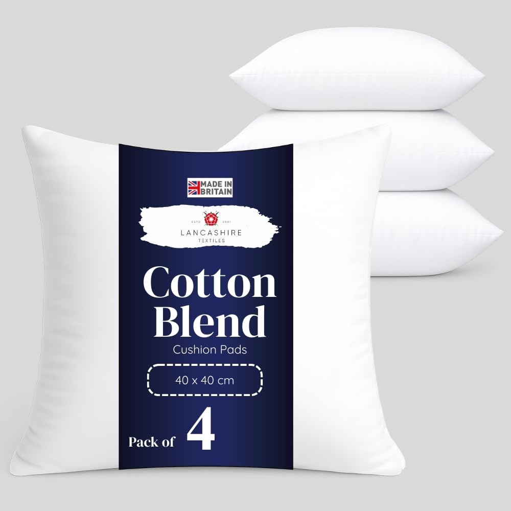 Lancashire Textiles Pack Of 4 4 Pack Luxury 16" X 16" (40 X 40Cm) Cotton Blend Cushion Pads With Super Bounce Polyester Fibre, Made Of Finest British Materials