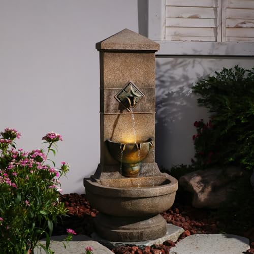 Image of Bumilgar Outdoor Wall Fountain with LED Lights, 39.96 inch H Freestanding Garden Water Fountain, Large Floor Standing Patio Waterfall Feature, European Resin Flat Back Yard Courtyard Porch Decor