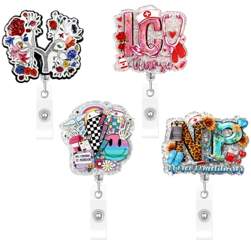 Ciwuzxs 4 Pcs Funny Cute Badge Reel NP ICU Medical Style Name Tag ID Clip Retractable Holder for Nurses Medical Assistant Accessories Pharmacy Nursing Student RN CNA ER Hospital Work Bulk Gifts