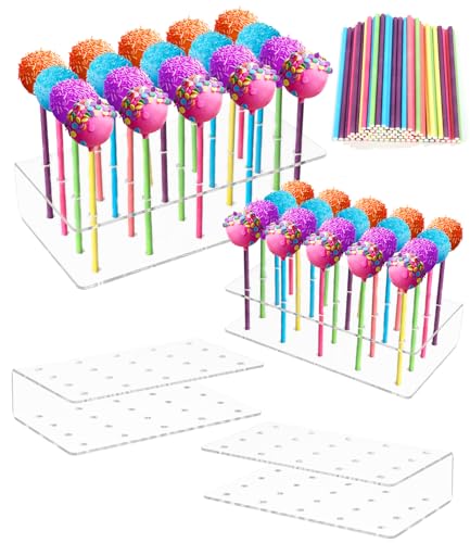 FAOKZE 4 Piezas Soporte para Piruletas con 100 Vistoso Unidades Palitos de Cake Pops, Soporte Acrilico para Lollipop con 20 Agujeros, Pop Cakes Acrilico para Lollipop, Piruleta Soporte, para Cake Pop
