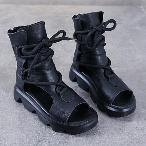 Women's Leather High Top Platform Sandals Vintage Casual Open Toe Lace Up Back Zipper Chunky Wedge Booties Comfortable Soft Sole Roman Sandals3