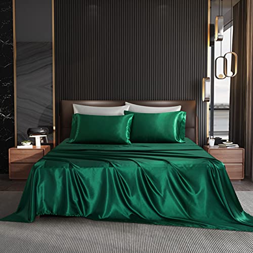 Sábanas de satén de lujo refrescantes de tamaño matrimonial, sábanas sedosas, sábanas y fundas de almohada de 4 piezas con 1 sábana encimera + 1 sábana bajera de bolsillo profundo + 2 fundas de