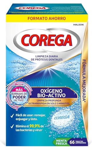 Corega Oxígeno Bioactivo 3 Minutos Tabletas Limpiadoras para Prótesis Dentales, 66 tabletas