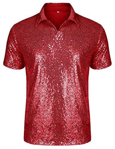 URRU Men's Relaxed Short Sleeve Turndown Sparkle Sequins Polo Shirts 70s Disco Nightclub Party T-Shirts Tops Red L
