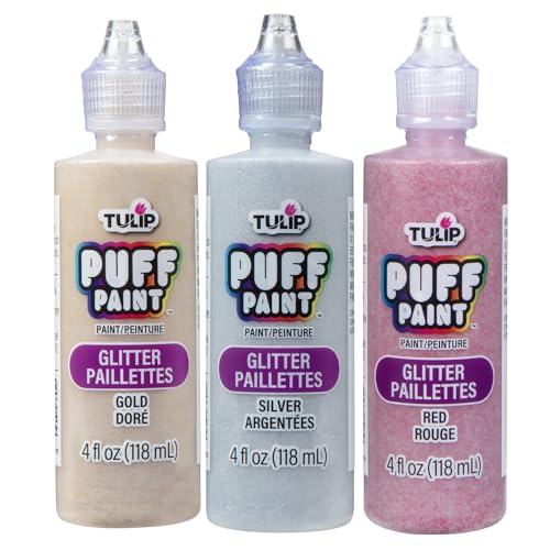 Tulip Puff Fabric Paint 3D, 4 fl oz, Festive 3 Pack - Gold Glitter, Sliver Glitter, Red Glitter