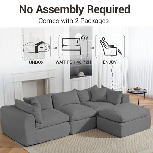 Image of Modular Cloud Couch Sectional, Boneless Sofa with Ottoman, Deep Seat Fluffy Sectional Couch for Living Room & Bedroom, No Assembly Required, Grey
