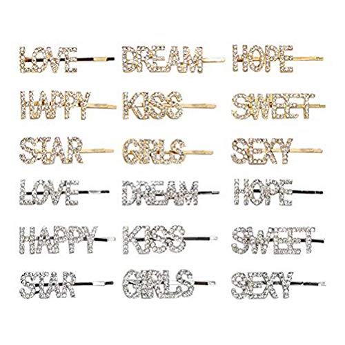 Onene 18 pieces Rhinestones Letter Bobby Pins, Word Crystal Hair Pins, Metal Hair Clips Hair Barrettes, Sparkly Hair Accessories for Women Ladies Hair Accessories, Gold and Silver Color