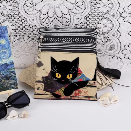 Cat Print Crossbody Bag Black Feline with Multi-Color Messenger Bag Adjustable Shoulder Strap Unique Gift for Art-Loving Sister​​ Travel Stylish Adult Purse Cat Lovers Gift3