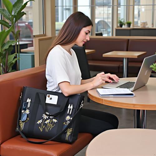 Canvas Tote Bag for Women, Daisy Embroideried Multi-Pockets Beach Grocery Bag for Work Travel Gym3