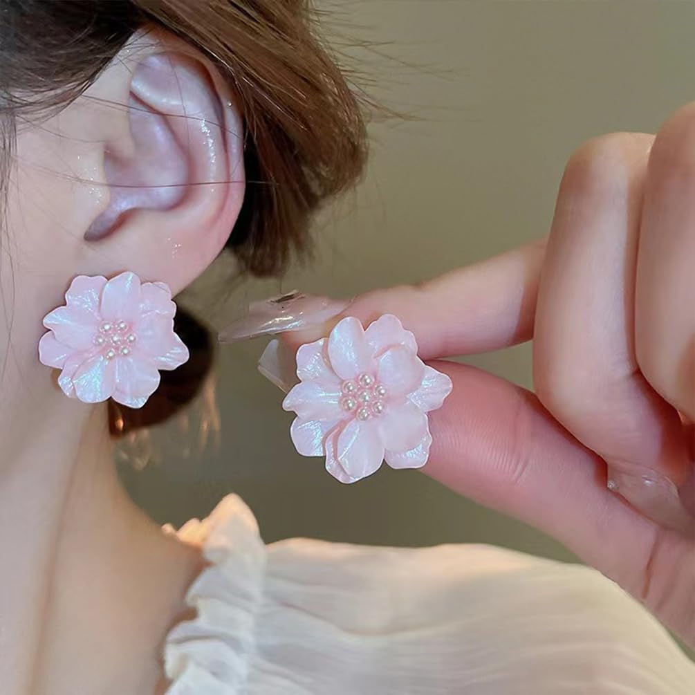 Dainty Cute White Flower Pearl Stud Earrings for Women Statement, Delicate Camellia Shell Floral Pearl Beads Earring Vintage Party Birthday Jewelry Gift - Image 6