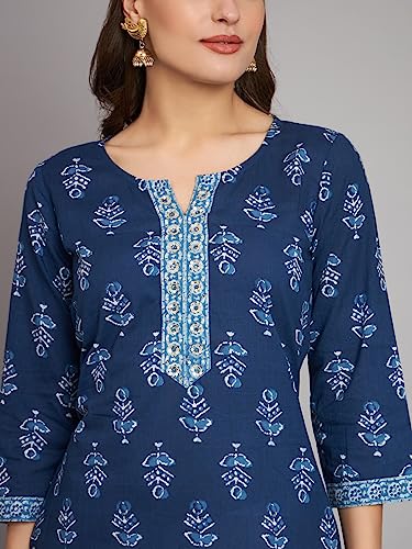Image of Rapsodia Women Cotton Navy Blue Ethnic Buti Printed Short Kurti