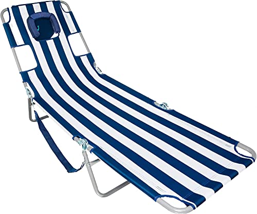 Ostrich 1 Navy Blue/White Stripe Chaise Lounge + 1 White Towel | Patio Chaise Lounge & Custom Fitted Chaise Towel | Lightweight & Portable | Beach/Pool Chaise Lounge With 5 Position Folding #TOP1