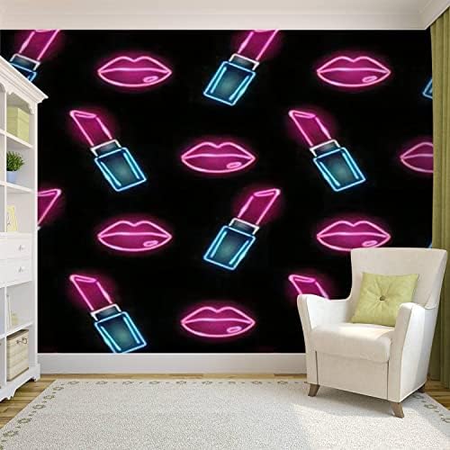 Self Adhesive PVC Wallpaper Seamless with neon Icons of Lipstick and Female Lips on Dark Cosmetics Peel & Stick Wallpaper Wall Mural Wall Decal Wall Poster Home Decor Sticker for Living Room Bedroom