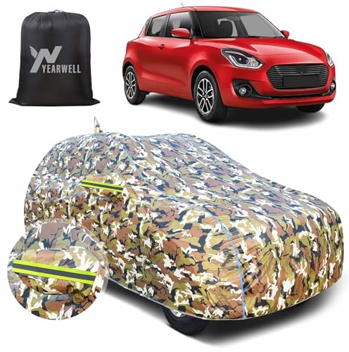 Image of Car Body Cover for Maruti Swift (2018-2023), 100% Waterproof with Mirror & Antenna Pockets, Military Print Design, UV & Dust Protection, Triple Stitched, Sky Piping & Reflector (Jungle Print)