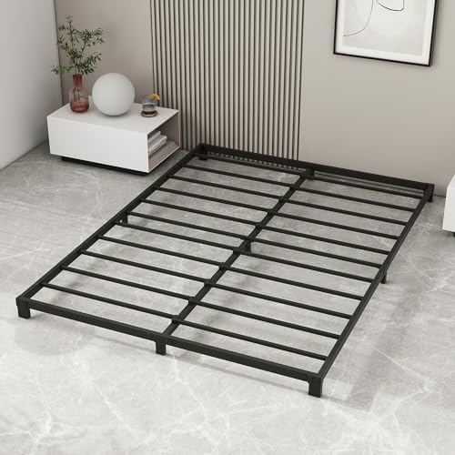 VERFARM Base de cama baja de 12 cm, cama de metal de 150 x 200 cm, marco de cama de plataforma de metal resistente con soporte de listones de acero, no necesita somier, fácil montaje, sin ruido, color