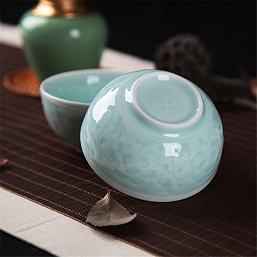 Chinese Celadon 4.5 Inch Rice Bowls - Microwave & Dishwasher Safe, Peony Decoration (Green03)