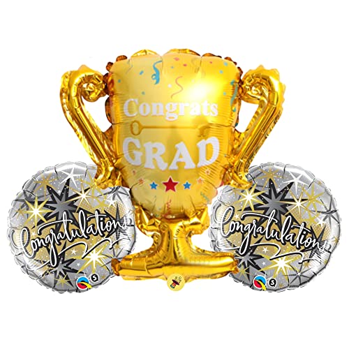 Image of Atpata Funky Congrats Grad 2 Feet Golden Trophy shape Foil Balloon with 18 inch Round Congratulations Foil Balloons for Graduation Convocation Commencement Ceremony