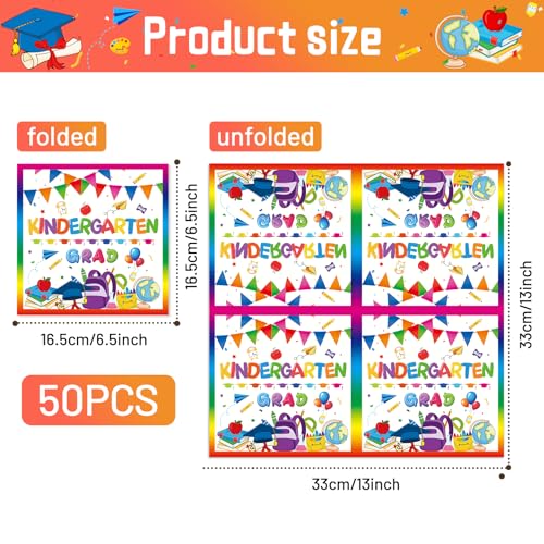 Pack of 50, Kindergarten Grad Napkins, Disposable Paper Napkins Decorations, Colorful 'Kindergarten Grad' Lettering with School Elements for Kids Graduation Party Supplies, 13x13 Inches Unfolded