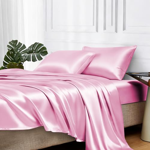 Image of MR&HM Satin Bed Sheets, Queen Size Sheets Set, 4 Pcs Silky Bedding Set with 15 Inches Deep Pocket for Mattress (Queen, Pink)