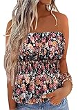 Floral Smocked Ruffled Strapless Bandeau Tank Women Summer Backless Tube Top Sleeveless Loose Holida