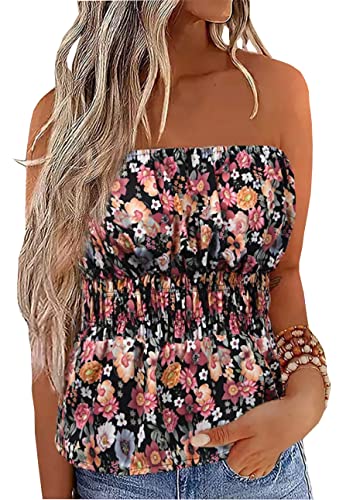 Floral Smocked Ruffled Strapless Bandeau Tank Women Summer Backless Tube Top Sleeveless Loose Holiday Shirts Blouse (L, Floral) #TOP11