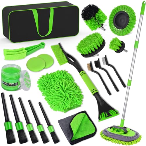 WisaKey Set di 20 pezzi per la pulizia dell'auto, per interni ed esterni, con spazzola per il lavaggio dell'auto, spazzola per il dettaglio, panno in microfibra, guanto da lavaggio, set per la pulizia